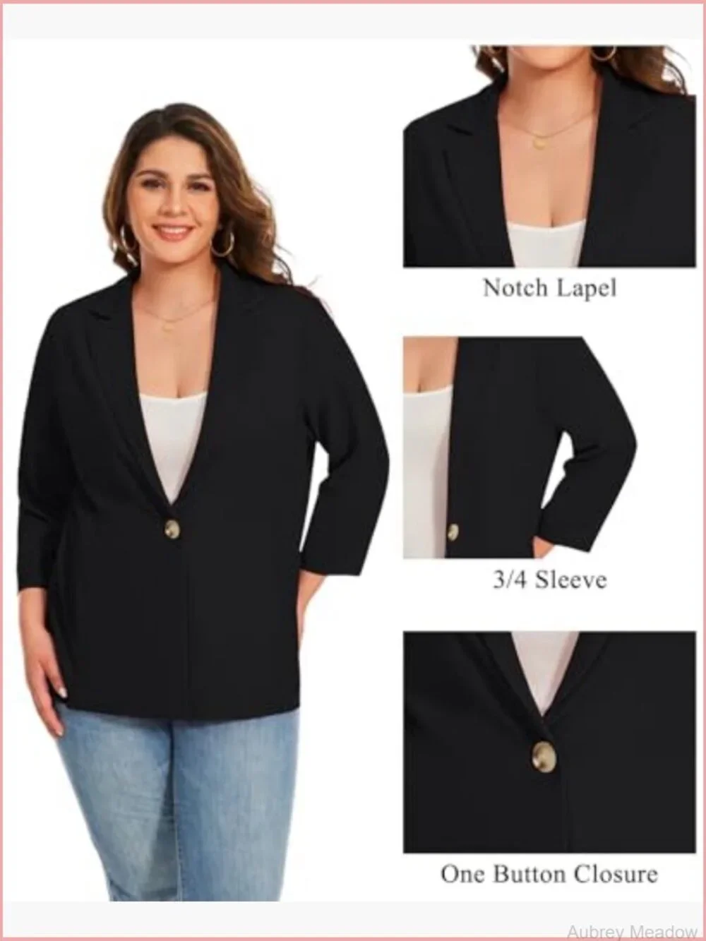 Plus Size Blazer 3/4 Sleeve Notch Lapel One Button Open Front Pockets Work